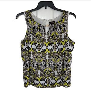 Dana Buchman Pullover Sleeveless Shell Tank Sz XL Black Yellow Tan Print Career